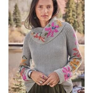 Sundance Cowl Neck Sweater Embroidered Womens Large L Floral Gray
